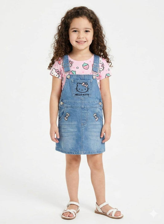 Girls Hello Kitty Denim Pinafore Dress with Pink Printed T-Shirt Set | Cute Casual Outfit  KB032G