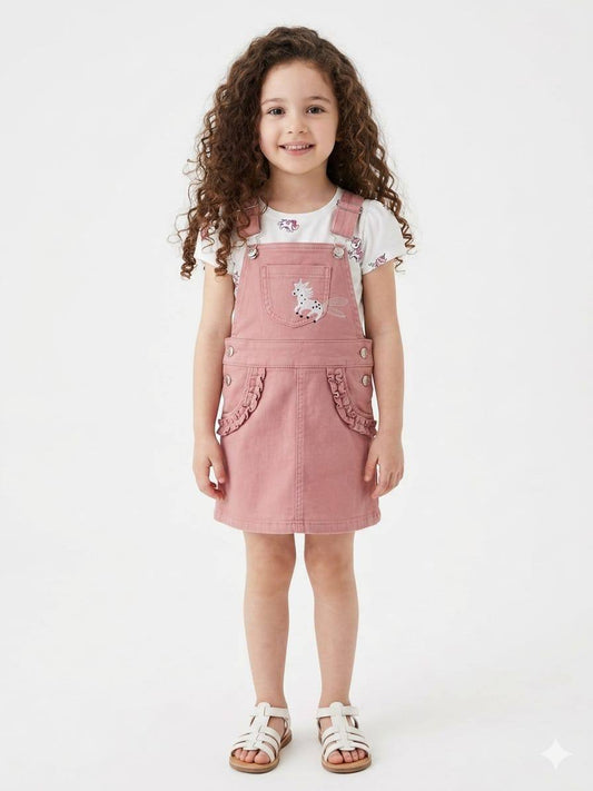 Girls Pink Denim Pinafore Dress with Unicorn Print T-Shirt Set | Cute Casual Outfit     KB033G