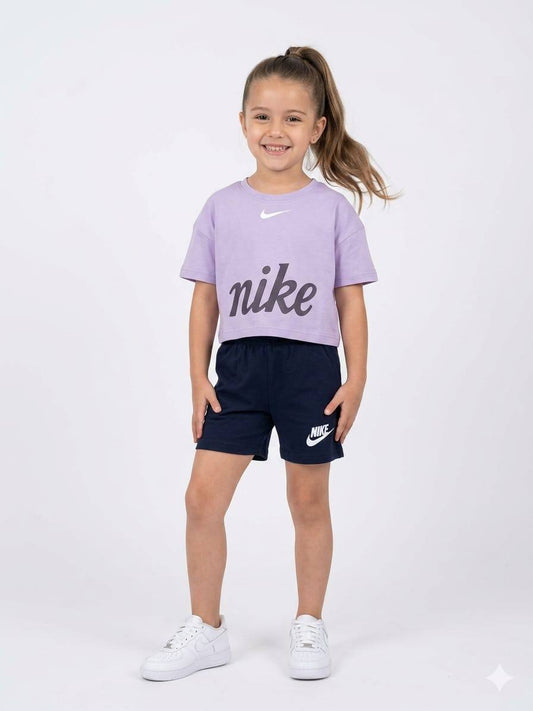 Nike Girls Lilac Logo T-Shirt & Navy Shorts Set | DB501G1 Summer Cotton Outfit for Kids DB501G1