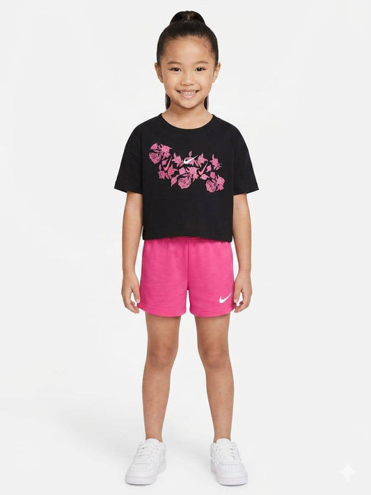 Nike Girls Black Floral Graphic T-Shirt & Pink Shorts Set | DB401G2 - Summer Cotton Outfit for Kids | DB401G2