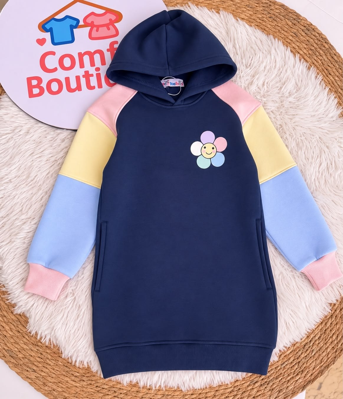 Girls’ Navy Color Block Flower Hoodie Dress : PK1-004G