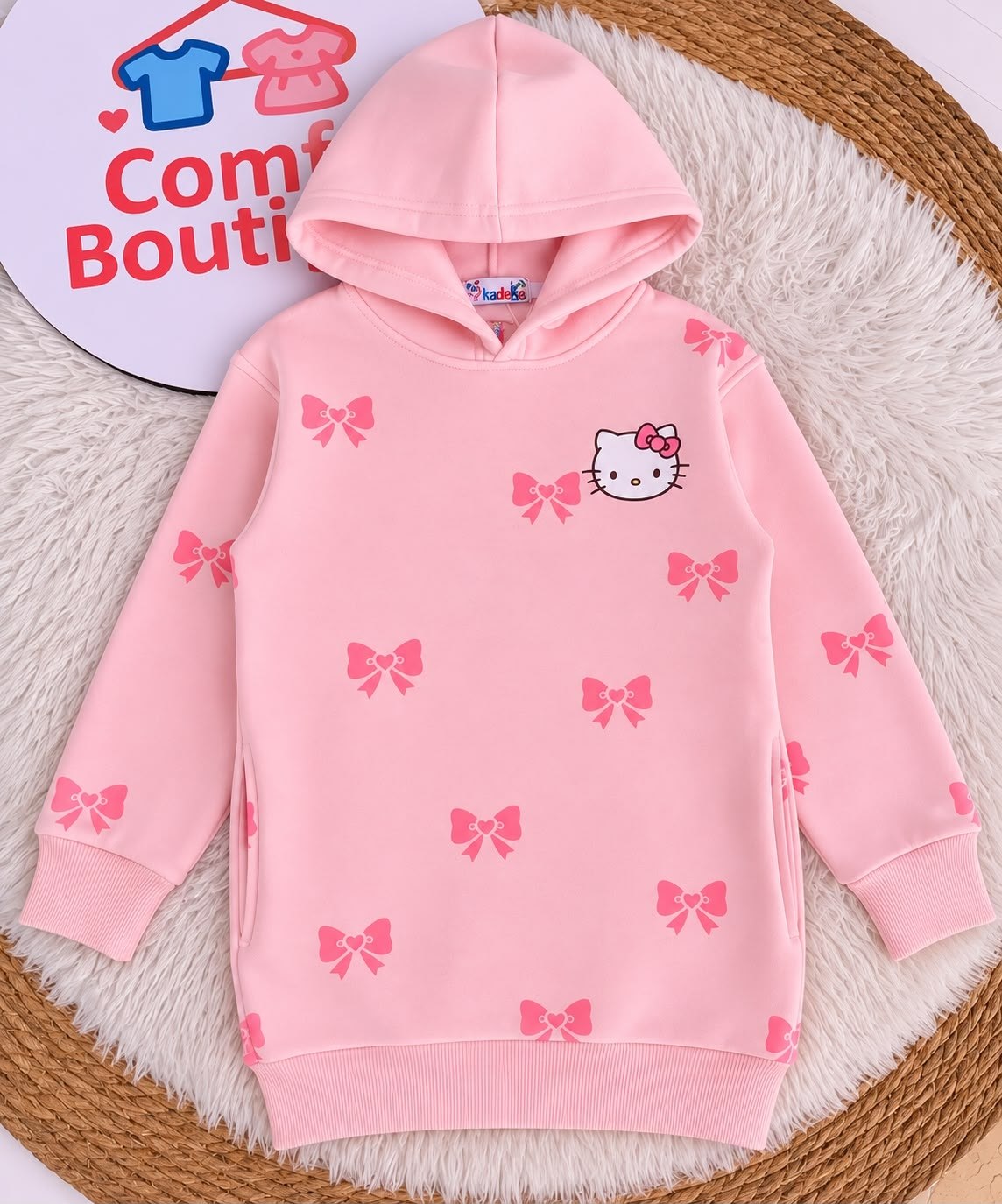 Girls’ Pink Hello Kitty Bow Hoodie Dress : PK1-001G