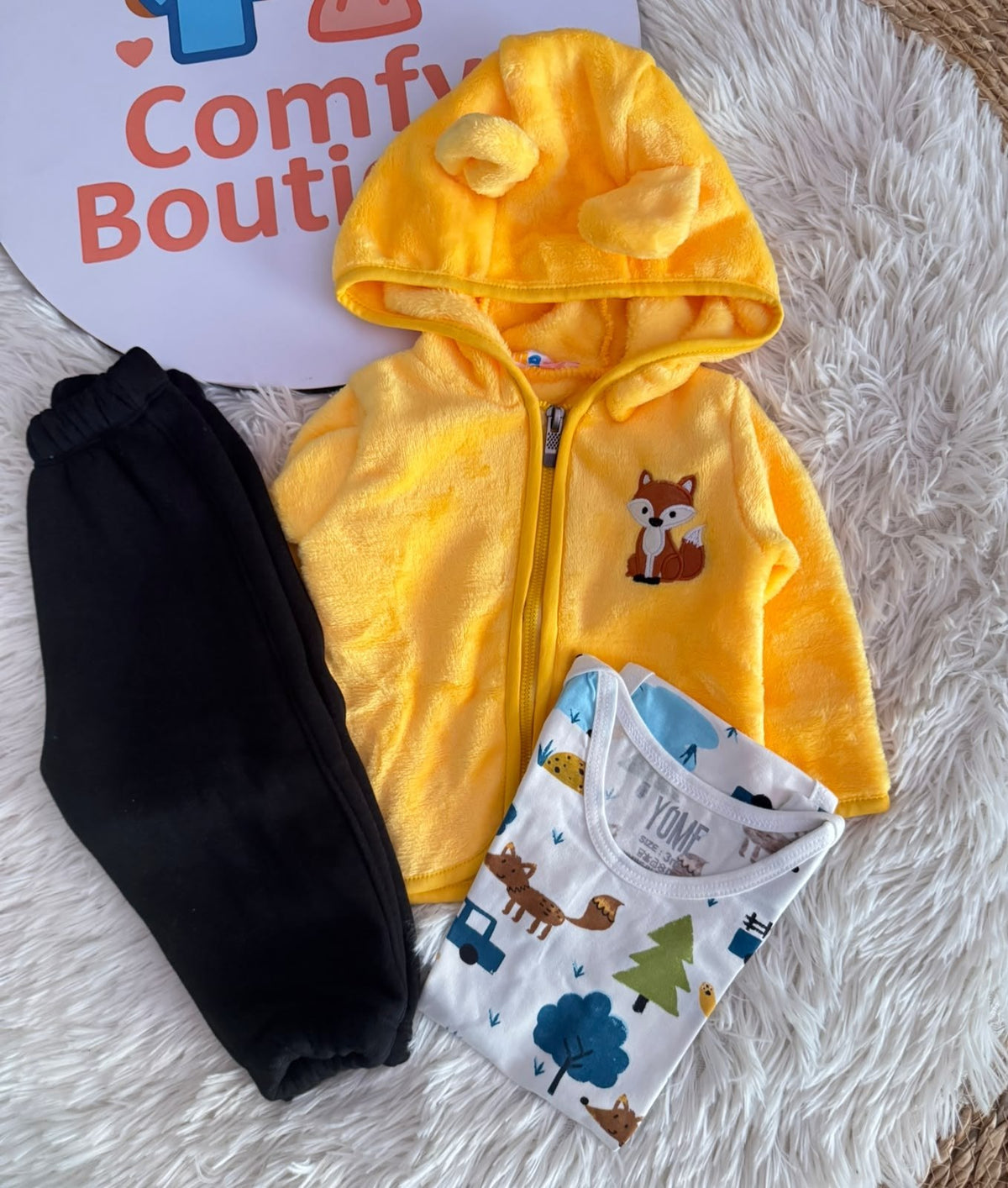 Boys’ Yellow Fox Print Hooded 3-Piece Set : YM3-003