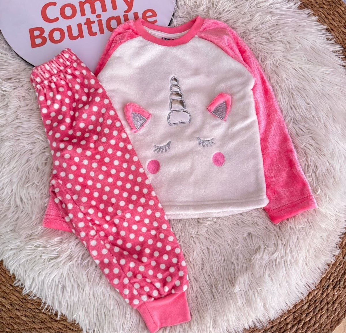 Girls' Pink Polka Dot Unicorn Pajama Set with Matching Slippers : NT1-001G