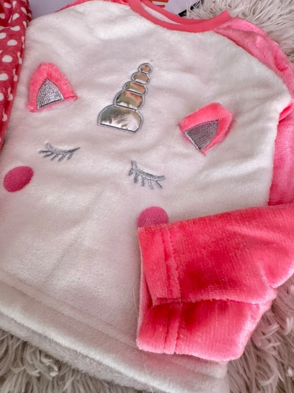 Girls' Pink Polka Dot Unicorn Pajama Set with Matching Slippers : NT1-001G