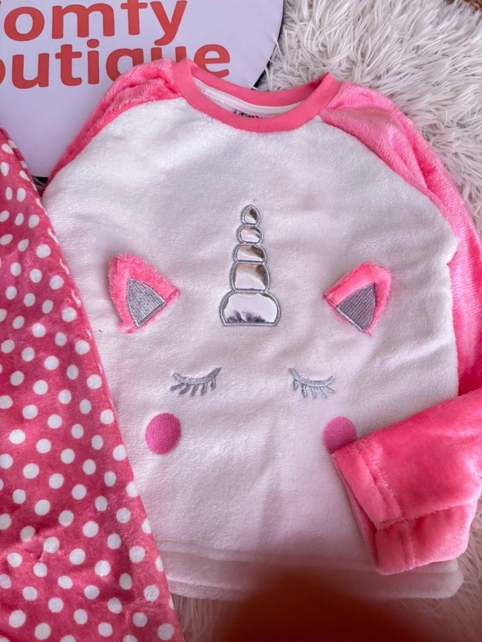 Girls' Pink Polka Dot Unicorn Pajama Set with Matching Slippers : NT1-001G