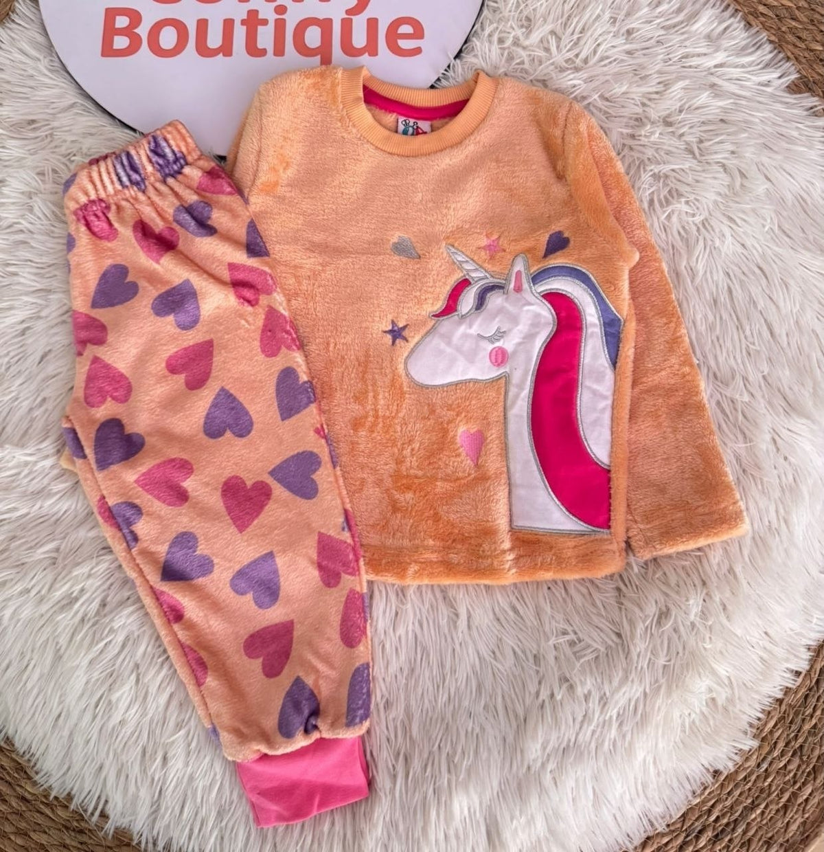 Girls' Pink Unicorn Pajama Set with Heart Print and Matching Slippers: NT1-002G