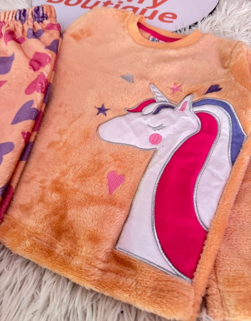 Girls' Pink Unicorn Pajama Set with Heart Print and Matching Slippers: NT1-002G