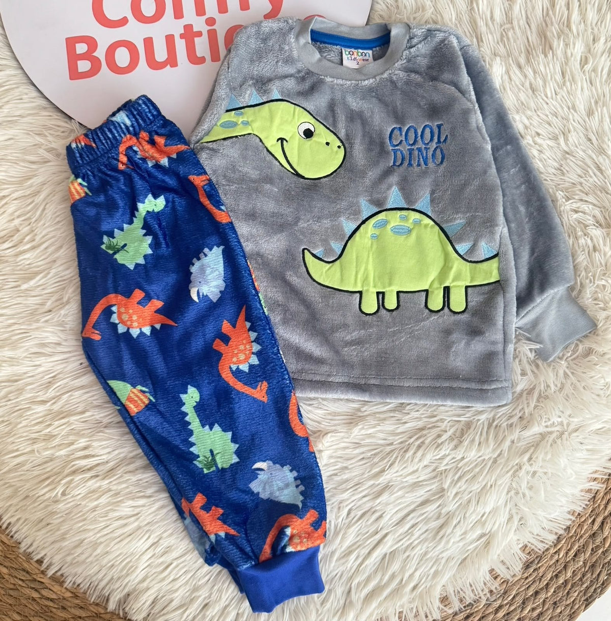 Boys’ Dinosaur Cozy Pajama Set – Gray & Navy Blue Polar Fleece : BN2-001B