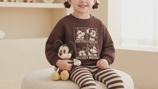 Baby Boys' Vintage Mickey Mouse 2-Piece Set – Brown Sweatshirt & Striped Joggers : KZ1-010B