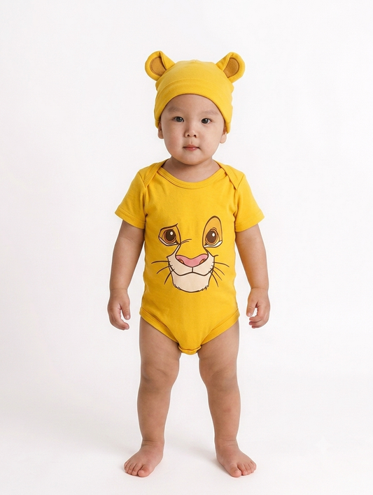 Baby Lion Cub Bodysuit with Matching Hat – Cute Newborn Cotton Set 🦁💛|BB10316