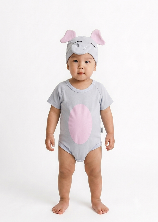 Baby Elephant Bodysuit with Matching Hat – Soft Cotton Newborn Set 🐘💗|BB1032