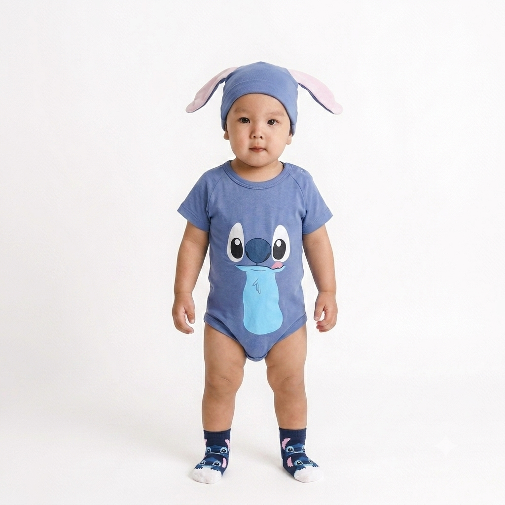 Baby Stitch Bodysuit Set with Matching Hat & Socks – Cute Newborn Outfit