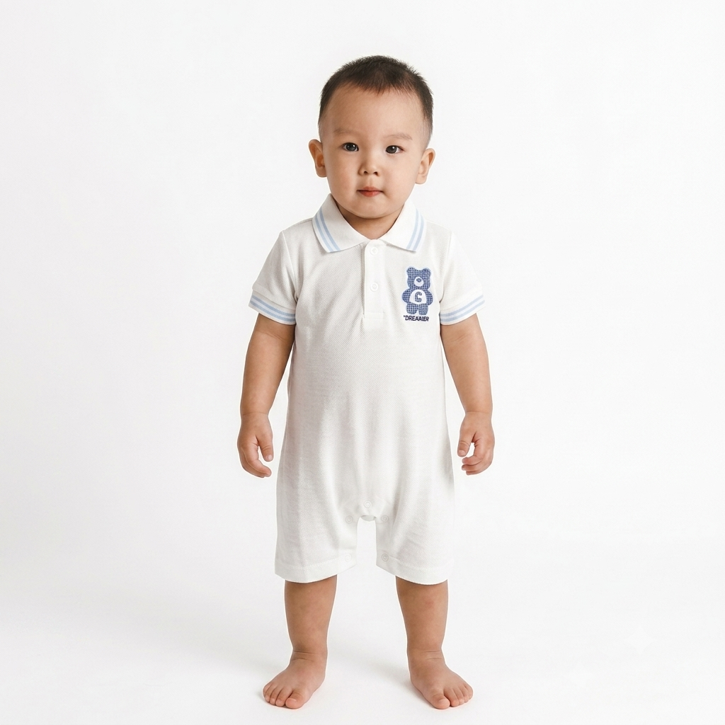 Baby Boys White Polo Romper with Blue Trim & Bear Detail