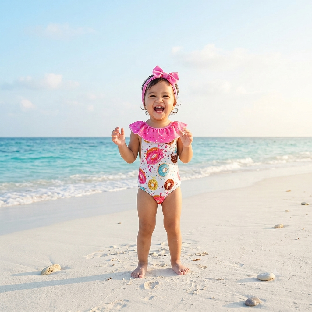 Baby Girls Donut Print One-Piece Swimsuit – Summer Beachwear