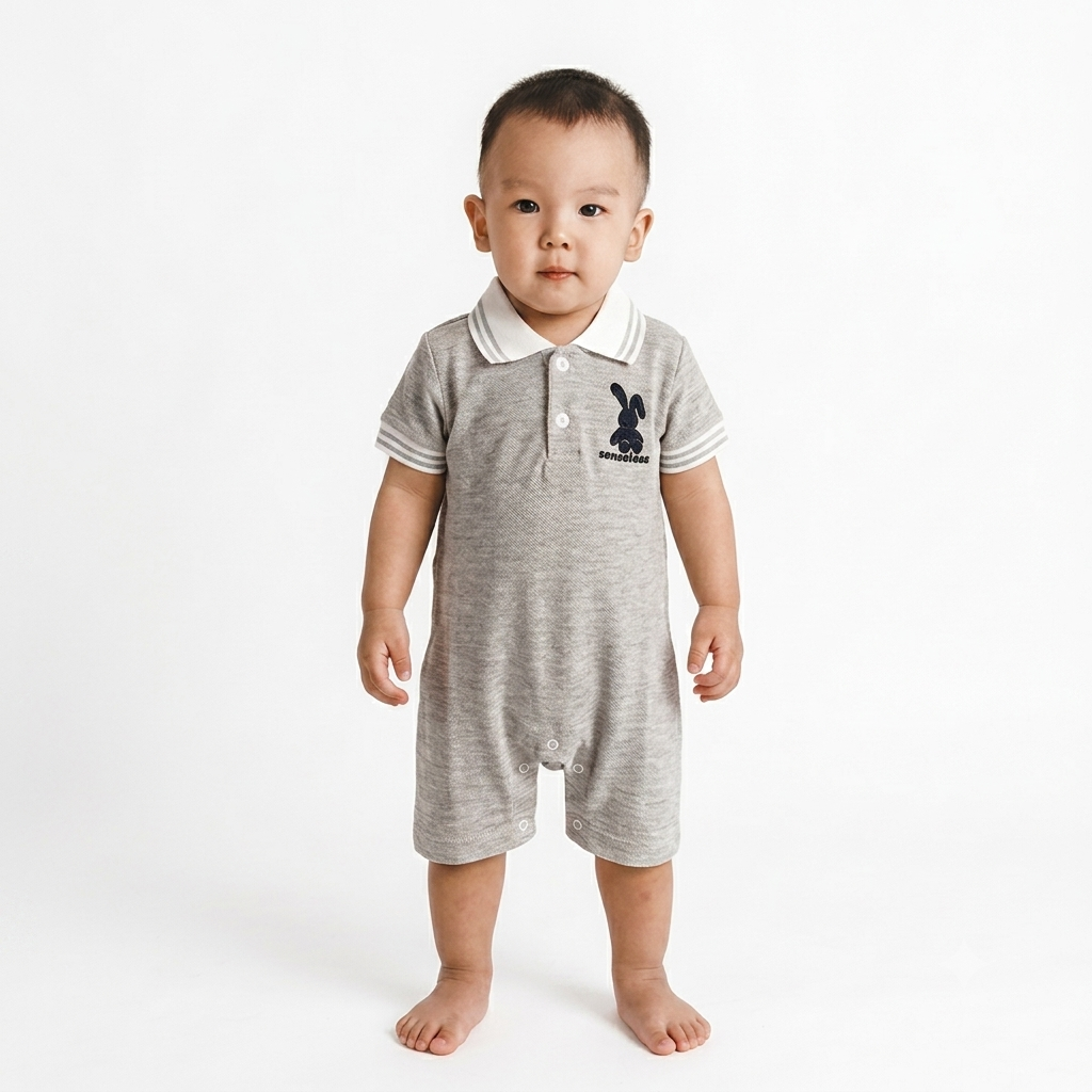 Baby Boys Gray Polo Romper with Blue Trim & Bear Detail