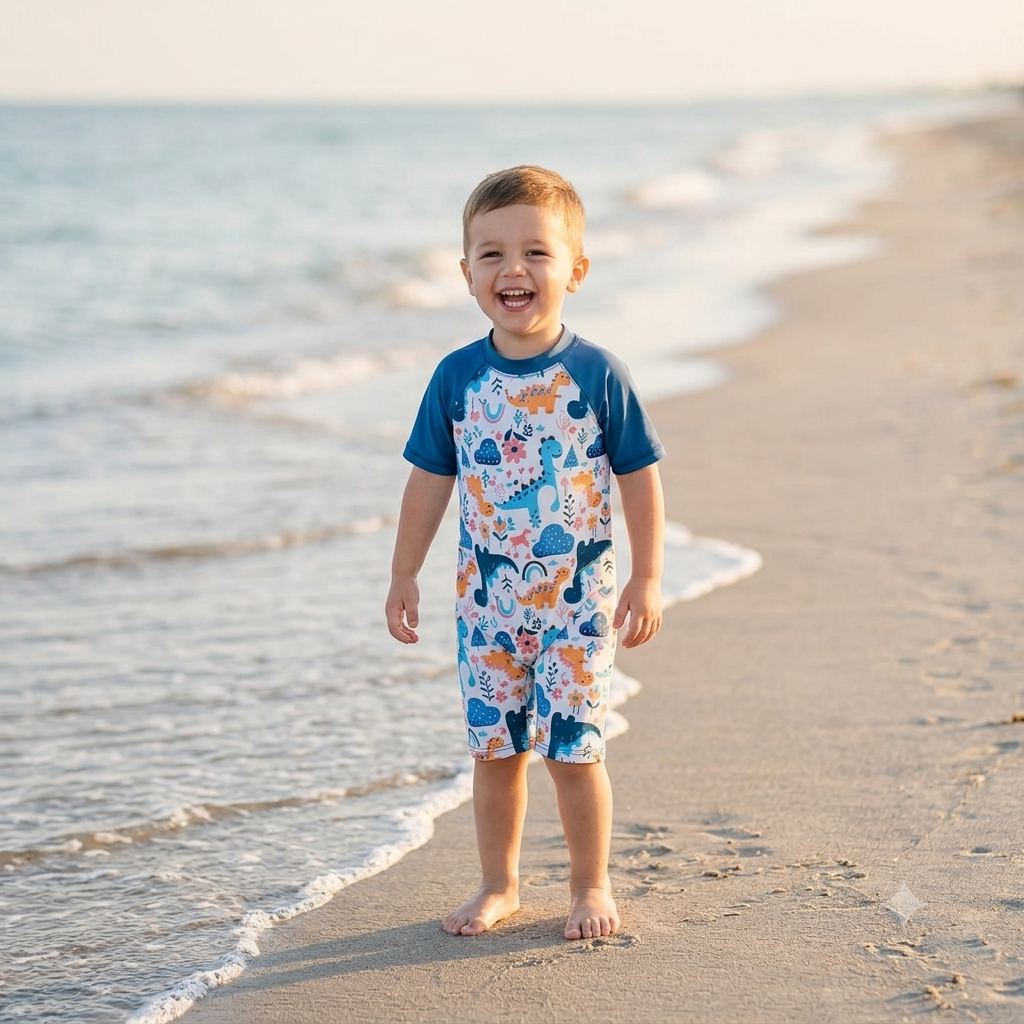 Baby Boys Dinosaur Print Romper – Cute Summer Beach Swimwear
